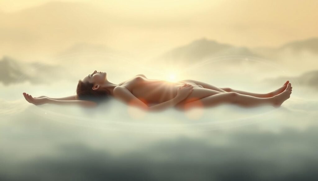 A serene, ethereal scene of a person's body emanating a soft, healing glow. The figure is resting peacefully, limbs relaxed, as waves of soothing energy radiate outward, enveloping them in a calming aura. The background is a hazy, dreamlike landscape, with muted colors and a sense of tranquility. Soft, diffused lighting illuminates the scene, creating a sense of introspection and inner healing. The composition is balanced, with the central figure occupying the foreground, surrounded by an aura of restorative light. This image conveys the practical, day-to-day benefits of Reiki for managing pain and stress through its depiction of a deeply restorative, meditative moment. A serene, ethereal scene of a person's body emanating a soft, healing glow. The figure is resting peacefully, limbs relaxed, as waves of soothing energy radiate outward, enveloping them in a calming aura. The background is a hazy, dreamlike landscape, with muted colors and a sense of tranquility. Soft, diffused lighting illuminates the scene, creating a sense of introspection and inner healing. The composition is balanced, with the central figure occupying the foreground, surrounded by an aura of restorative light. This image conveys the practical, day-to-day benefits of Reiki for managing pain and stress through its depiction of a deeply restorative, meditative moment.