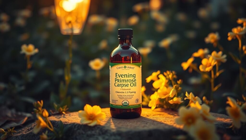 A serene evening scene with a bottle of evening primrose oil taking center stage, its label prominently displayed. The bottle is surrounded by a gentle, golden glow, as if illuminated by the setting sun. In the background, a lush, verdant garden with blooming primrose flowers sets the stage, creating a calming and natural atmosphere. The lighting is soft and warm, casting subtle shadows that add depth and dimension to the composition. The camera angle is slightly elevated, giving the viewer a sense of tranquility and inviting them to appreciate the safety and natural benefits of evening primrose oil. A serene evening scene with a bottle of evening primrose oil taking center stage, its label prominently displayed. The bottle is surrounded by a gentle, golden glow, as if illuminated by the setting sun. In the background, a lush, verdant garden with blooming primrose flowers sets the stage, creating a calming and natural atmosphere. The lighting is soft and warm, casting subtle shadows that add depth and dimension to the composition. The camera angle is slightly elevated, giving the viewer a sense of tranquility and inviting them to appreciate the safety and natural benefits of evening primrose oil.