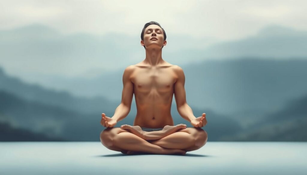 A serene figure in a meditative pose, seated cross-legged, with eyes gently closed and a peaceful expression. The figure's torso rises and falls with deep, rhythmic breaths, the movement captured in a soft, ethereal light. The background is a calming, abstract landscape, with hues of blue and gray creating a sense of tranquility. The composition is balanced, with the figure centered and the space around it creating a sense of calm and introspection. The lighting is soft and diffused, highlighting the subject's tranquil state and the soothing atmosphere. The overall scene conveys the fundamentals of deep breathing and its power to shape the nervous system and stress response. A serene figure in a meditative pose, seated cross-legged, with eyes gently closed and a peaceful expression. The figure's torso rises and falls with deep, rhythmic breaths, the movement captured in a soft, ethereal light. The background is a calming, abstract landscape, with hues of blue and gray creating a sense of tranquility. The composition is balanced, with the figure centered and the space around it creating a sense of calm and introspection. The lighting is soft and diffused, highlighting the subject's tranquil state and the soothing atmosphere. The overall scene conveys the fundamentals of deep breathing and its power to shape the nervous system and stress response.