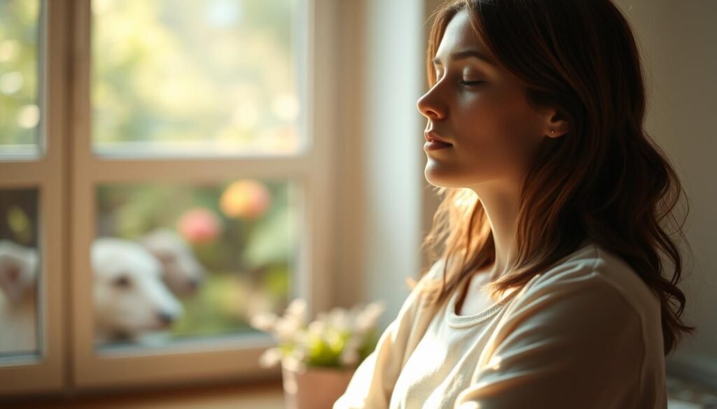 A serene figure seated in a tranquil environment, practicing the extended exhale technique. The subject's face is relaxed, eyes gently closed, as they slowly exhale, drawing the breath out for a count of eight. Soft natural lighting filters through a window, casting a warm glow on the scene. The background is blurred, with hints of soothing nature imagery - perhaps a glimpse of a garden or flowing water. The overall atmosphere is one of deep relaxation and mindfulness, inviting the viewer to pause and take a few calming breaths alongside the figure. A serene figure seated in a tranquil environment, practicing the extended exhale technique. The subject's face is relaxed, eyes gently closed, as they slowly exhale, drawing the breath out for a count of eight. Soft natural lighting filters through a window, casting a warm glow on the scene. The background is blurred, with hints of soothing nature imagery - perhaps a glimpse of a garden or flowing water. The overall atmosphere is one of deep relaxation and mindfulness, inviting the viewer to pause and take a few calming breaths alongside the figure.