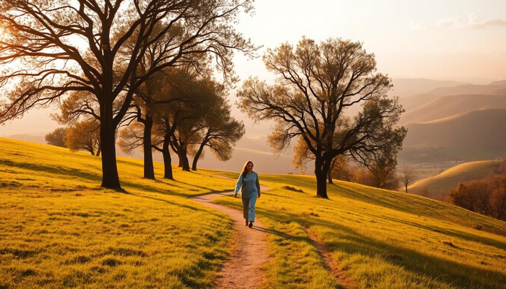 A serene figure strolls mindfully through a lush, verdant landscape. The foreground features a lone person in motion, their steps unhurried, their gaze tranquil. The middle ground showcases a winding path flanked by towering trees, their leaves gently swaying in a soft breeze. The background depicts a harmonious blend of rolling hills, a distant horizon, and a sky softly tinged with hues of gold and blue, evoking a sense of peaceful tranquility. Warm, diffused lighting bathes the scene, creating a natural, inviting atmosphere. The overall composition conveys the essence of walking meditation - a harmonious union of physical movement and mental stillness. A serene figure strolls mindfully through a lush, verdant landscape. The foreground features a lone person in motion, their steps unhurried, their gaze tranquil. The middle ground showcases a winding path flanked by towering trees, their leaves gently swaying in a soft breeze. The background depicts a harmonious blend of rolling hills, a distant horizon, and a sky softly tinged with hues of gold and blue, evoking a sense of peaceful tranquility. Warm, diffused lighting bathes the scene, creating a natural, inviting atmosphere. The overall composition conveys the essence of walking meditation - a harmonious union of physical movement and mental stillness.
