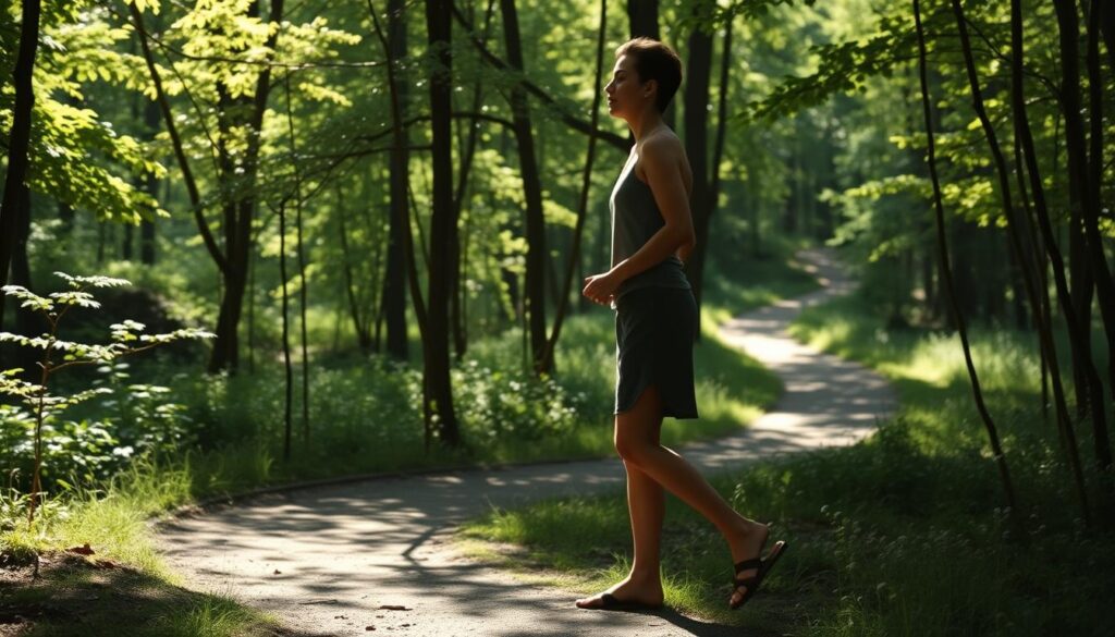 A serene figure strolls through a tranquil forest, their steps synchronized with deep, mindful breaths. Dappled sunlight filters through the verdant canopy, casting a warm, peaceful glow upon the scene. The person's posture is upright yet relaxed, their gaze focused inward as they engage in the meditative practice of walking. In the background, a winding path meanders through the lush undergrowth, inviting the viewer to join this contemplative journey. The overall atmosphere conveys a sense of harmony, stillness, and the integration of mind, body, and environment. A serene figure strolls through a tranquil forest, their steps synchronized with deep, mindful breaths. Dappled sunlight filters through the verdant canopy, casting a warm, peaceful glow upon the scene. The person's posture is upright yet relaxed, their gaze focused inward as they engage in the meditative practice of walking. In the background, a winding path meanders through the lush undergrowth, inviting the viewer to join this contemplative journey. The overall atmosphere conveys a sense of harmony, stillness, and the integration of mind, body, and environment.