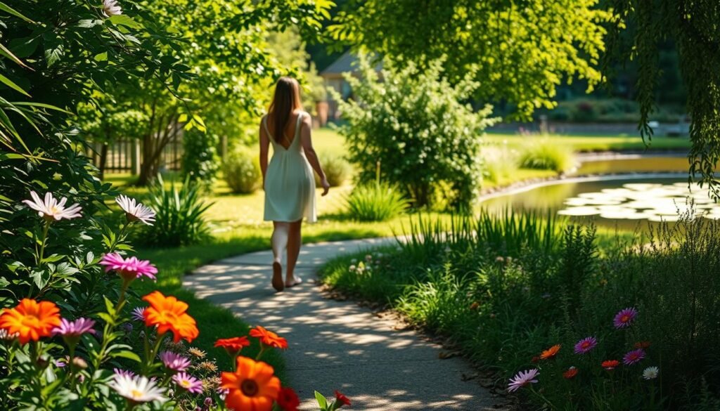 A serene figure walks mindfully through a tranquil garden, their steps deliberate and grounded. Soft natural light filters through verdant foliage, casting gentle shadows. The path winds gently, inviting the walker to slow down and savor each moment. Vibrant flowers bloom in the foreground, their colors and textures adding depth and beauty to the scene. In the distance, a tranquil pond reflects the sky, its surface unruffled. The overall atmosphere is one of peacefulness, presence, and a deep connection to the natural world. A serene figure walks mindfully through a tranquil garden, their steps deliberate and grounded. Soft natural light filters through verdant foliage, casting gentle shadows. The path winds gently, inviting the walker to slow down and savor each moment. Vibrant flowers bloom in the foreground, their colors and textures adding depth and beauty to the scene. In the distance, a tranquil pond reflects the sky, its surface unruffled. The overall atmosphere is one of peacefulness, presence, and a deep connection to the natural world.