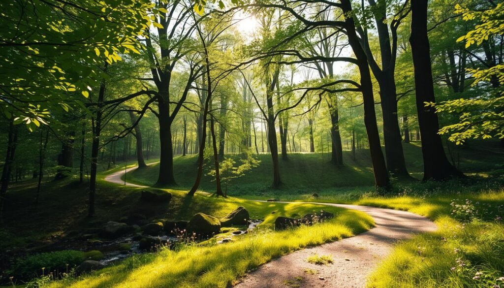 A serene forest glade, sunlight filtering through the canopy of verdant leaves. In the foreground, a winding path invites the viewer to begin their walking meditation, surrounded by the tranquil sounds of a babbling brook. The middle ground features a gentle slope, dotted with mossy boulders and wildflowers. In the distance, towering trees frame the scene, creating a sense of peaceful seclusion. The lighting is soft and diffused, casting a warm, golden glow over the entire composition. The camera angle is slightly elevated, offering a panoramic view that emphasizes the calming, immersive nature of this setting for a mindful walking practice. A serene forest glade, sunlight filtering through the canopy of verdant leaves. In the foreground, a winding path invites the viewer to begin their walking meditation, surrounded by the tranquil sounds of a babbling brook. The middle ground features a gentle slope, dotted with mossy boulders and wildflowers. In the distance, towering trees frame the scene, creating a sense of peaceful seclusion. The lighting is soft and diffused, casting a warm, golden glow over the entire composition. The camera angle is slightly elevated, offering a panoramic view that emphasizes the calming, immersive nature of this setting for a mindful walking practice.