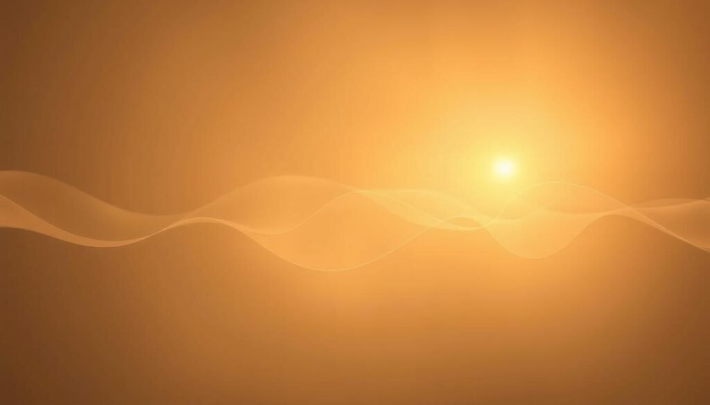 A serene, glowing energy field radiates from the center of the frame, casting a warm, ethereal light. The energy appears to pulsate and flow, with subtle, wave-like motions. The background is a soft, muted palette, allowing the energy to take center stage. The lighting is diffuse and natural, creating a sense of tranquility and balance. The overall composition is simple and minimalist, focusing the viewer's attention on the captivating energy at the heart of the image.