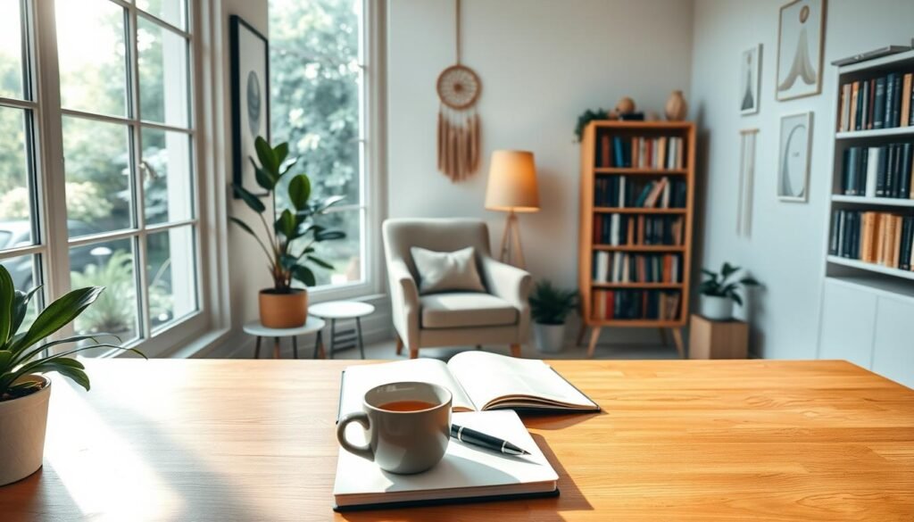 A serene home office space, with a large window overlooking a lush garden. Soft, natural lighting filters in, casting a warm glow. In the foreground, a wooden desk holds a journal, a fountain pen, and a mug of steaming tea. Beside it, a potted plant adds a touch of greenery. On the walls, minimalist art prints and a dreamcatcher create a sense of balance and introspection. In the middle ground, a cozy armchair invites contemplation, while in the background, a bookshelf filled with volumes speaks to a love of learning. The overall atmosphere is one of calm, focus, and purposeful self-reflection.