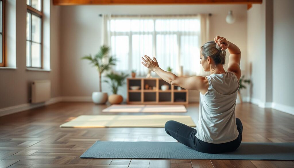 A serene indoor setting with warm, natural lighting. In the foreground, a person performs simple somatic stretches - gentle, mindful movements that engage the body and mind. Their posture is relaxed, focused on the present moment. The middle ground features a neutral-toned yoga mat and minimal, uncluttered decor, creating a calming atmosphere. The background subtly blurs, emphasizing the simplicity and tranquility of the scene. The overall composition conveys a sense of ease, inviting the viewer to participate in these accessible, restorative exercises.