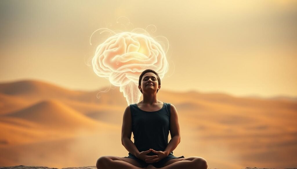 A serene, introspective scene depicting the intimate connection between the mind and body. In the foreground, a person sits in a meditative pose, their eyes closed and expression tranquil, symbolizing the focus on inner contemplation. The middle ground features a glowing, ethereal representation of the mind, with swirling energy and thought patterns. In the background, a warm, earthy landscape suggests the physical, grounded nature of the body. Soft, diffused lighting bathes the scene in a calming, contemplative atmosphere, inviting the viewer to ponder the harmony between our mental and physical selves.