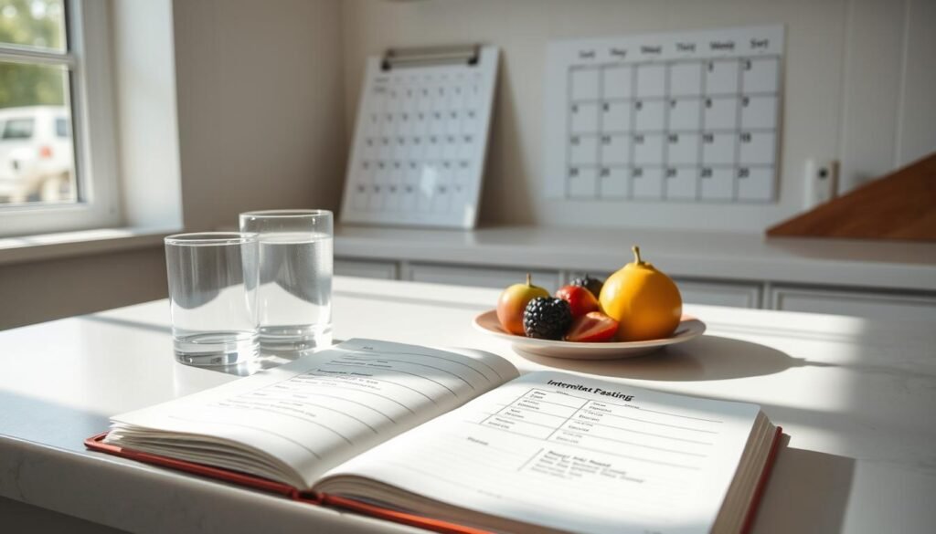 A serene kitchen counter, bathed in soft, natural lighting. On the surface, a glass of water, a plate of fresh fruit, and a journal open to a page detailing a personalized intermittent fasting schedule. The scene conveys a sense of calm, mindfulness, and a holistic approach to health optimization. In the background, a minimalist wall calendar highlights the daily rhythms that support this budget-friendly biohacking routine. The overall atmosphere is one of simplicity, focus, and the empowering realization that small, sustainable lifestyle changes can have a profound impact on one's well-being. A serene kitchen counter, bathed in soft, natural lighting. On the surface, a glass of water, a plate of fresh fruit, and a journal open to a page detailing a personalized intermittent fasting schedule. The scene conveys a sense of calm, mindfulness, and a holistic approach to health optimization. In the background, a minimalist wall calendar highlights the daily rhythms that support this budget-friendly biohacking routine. The overall atmosphere is one of simplicity, focus, and the empowering realization that small, sustainable lifestyle changes can have a profound impact on one's well-being.
