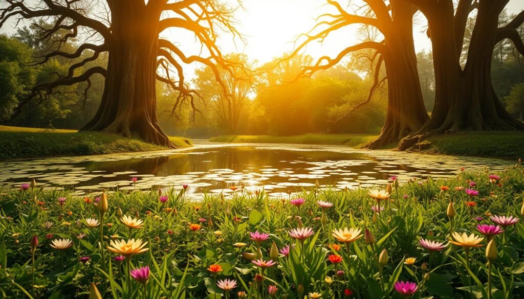 A serene landscape bathed in warm, golden light, with a tranquil pond at the center. Delicate lotus blossoms float peacefully on the surface, their petals unfurling in a graceful dance. In the foreground, a lush, verdant meadow is dotted with vibrant wildflowers, their hues ranging from deep, earthy tones to soft, pastel shades. Towering, ancient trees line the periphery, their branches gently swaying in a light breeze. The scene exudes a sense of balance and harmony, inviting the viewer to find their own inner stillness and clarity amidst the stagnation. The composition is captured through a wide-angle lens, creating a sense of depth and tranquility. A serene landscape bathed in warm, golden light, with a tranquil pond at the center. Delicate lotus blossoms float peacefully on the surface, their petals unfurling in a graceful dance. In the foreground, a lush, verdant meadow is dotted with vibrant wildflowers, their hues ranging from deep, earthy tones to soft, pastel shades. Towering, ancient trees line the periphery, their branches gently swaying in a light breeze. The scene exudes a sense of balance and harmony, inviting the viewer to find their own inner stillness and clarity amidst the stagnation. The composition is captured through a wide-angle lens, creating a sense of depth and tranquility.