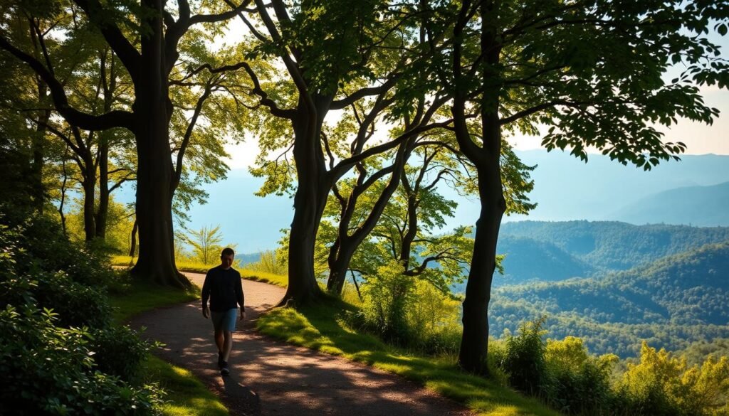 A serene landscape of a winding forest path, dappled with warm sunlight filtering through the canopy of lush, verdant foliage. In the foreground, a person walks mindfully, their gaze cast downward, their steps deliberate and focused. The middle ground features towering trees with gnarled, twisted trunks, their branches reaching skyward. In the background, a hazy blue-green backdrop of rolling hills and distant mountains, creating a sense of depth and tranquility. The overall mood is one of introspection, calm, and a deep connection with the natural world, reflecting the benefits of walking meditation for brain health. A serene landscape of a winding forest path, dappled with warm sunlight filtering through the canopy of lush, verdant foliage. In the foreground, a person walks mindfully, their gaze cast downward, their steps deliberate and focused. The middle ground features towering trees with gnarled, twisted trunks, their branches reaching skyward. In the background, a hazy blue-green backdrop of rolling hills and distant mountains, creating a sense of depth and tranquility. The overall mood is one of introspection, calm, and a deep connection with the natural world, reflecting the benefits of walking meditation for brain health.