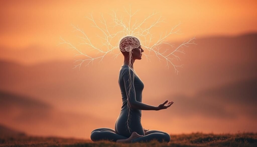 A serene, meditative scene showcasing the intricate brain-body connection. In the foreground, a person in a Pilates pose, their body fluid and graceful, projecting a sense of tranquility. Radiating from their head, delicate neural pathways intertwine with the body, visually representing the mind-muscle link. The background is a soft, ethereal landscape, bathed in warm, diffused lighting that creates a contemplative atmosphere. The overall impression is one of holistic balance, highlighting how Pilates can harmonize the physical and mental aspects of wellbeing. A serene, meditative scene showcasing the intricate brain-body connection. In the foreground, a person in a Pilates pose, their body fluid and graceful, projecting a sense of tranquility. Radiating from their head, delicate neural pathways intertwine with the body, visually representing the mind-muscle link. The background is a soft, ethereal landscape, bathed in warm, diffused lighting that creates a contemplative atmosphere. The overall impression is one of holistic balance, highlighting how Pilates can harmonize the physical and mental aspects of wellbeing.