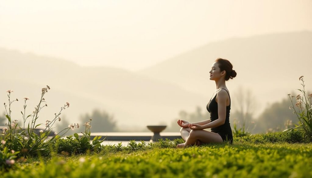 A serene, minimalist scene of a person in a meditative pose, surrounded by lush greenery and soft, diffuse lighting. The foreground features the person sitting cross-legged, eyes closed, hands resting gently on their lap, conveying a sense of inner calm and focus. The middle ground showcases a tranquil garden setting, with delicate flowers, swaying plants, and a soothing water feature. The background fades into a hazy, atmospheric landscape, creating a sense of depth and contemplation. The overall mood is one of introspection, mindfulness, and the ability to find respite from the stresses of daily life. A serene, minimalist scene of a person in a meditative pose, surrounded by lush greenery and soft, diffuse lighting. The foreground features the person sitting cross-legged, eyes closed, hands resting gently on their lap, conveying a sense of inner calm and focus. The middle ground showcases a tranquil garden setting, with delicate flowers, swaying plants, and a soothing water feature. The background fades into a hazy, atmospheric landscape, creating a sense of depth and contemplation. The overall mood is one of introspection, mindfulness, and the ability to find respite from the stresses of daily life.