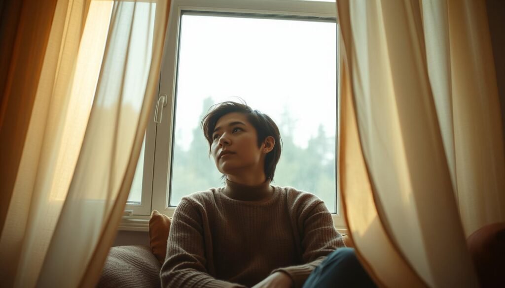 A serene moment of contemplation, captured in a cozy corner. A person sits by a window, gazing outward, lost in thought. Warm, diffused natural light filters through sheer curtains, casting a soft, hazy glow. Textured fabrics and earthy tones create a sense of comfort and introspection. The background is slightly blurred, drawing the viewer's focus to the pensive figure, their expression one of quiet concentration. The overall atmosphere evokes a sense of stillness and inner reflection, inviting the observer to pause and consider their own moment of creative inspiration.