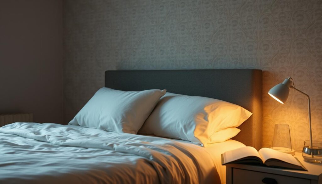 A serene, moonlit bedroom. Soft, warm lighting casts a gentle glow over a neatly made bed, plush pillows, and crisp, linen sheets. A nightstand holds a glass of water and a book, hinting at a peaceful evening routine. The background is a muted, calming wallpaper pattern, setting a tranquil atmosphere. The camera angle is slightly elevated, capturing the entire scene in a soothing, cinematic composition. This image conveys the essence of high-quality sleep - a restful, rejuvenating experience that leaves one feeling refreshed and energized. A serene, moonlit bedroom. Soft, warm lighting casts a gentle glow over a neatly made bed, plush pillows, and crisp, linen sheets. A nightstand holds a glass of water and a book, hinting at a peaceful evening routine. The background is a muted, calming wallpaper pattern, setting a tranquil atmosphere. The camera angle is slightly elevated, capturing the entire scene in a soothing, cinematic composition. This image conveys the essence of high-quality sleep - a restful, rejuvenating experience that leaves one feeling refreshed and energized.