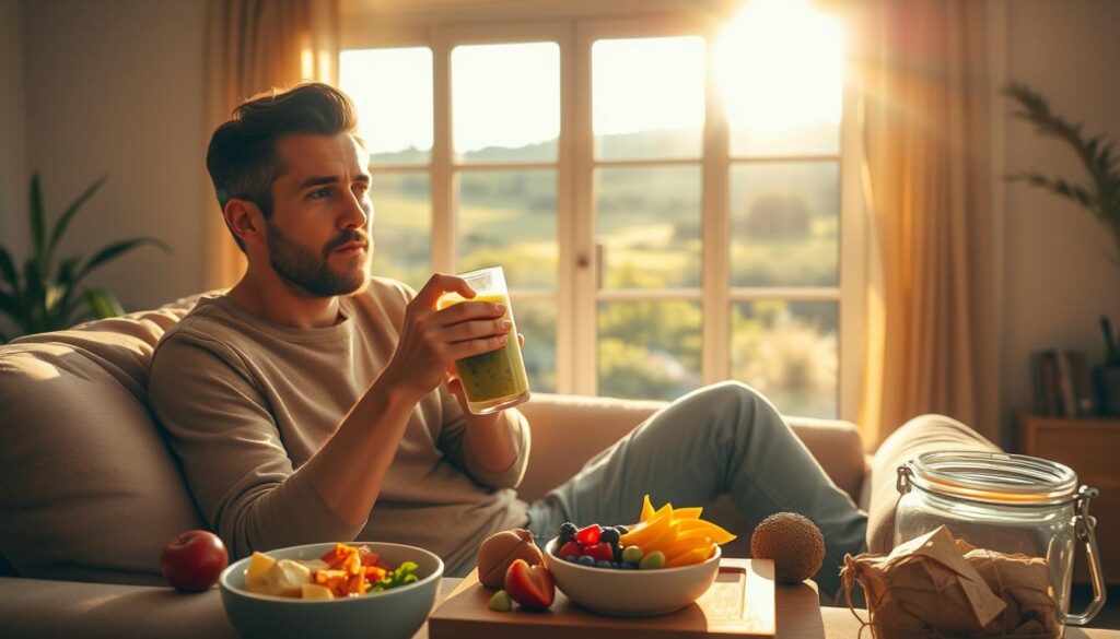 A serene morning scene with a person sipping an energy smoothie while sitting on a couch, surrounded by healthy snacks and an energetic yet calming atmosphere. The lighting is warm and golden, creating a cozy ambiance. The smoothie is vibrant in color, with visible chunks of fruits and superfoods, conveying its nutrient-dense nature. The person's expression is focused yet relaxed, suggesting the rejuvenating effects of the smoothie. In the background, a lush, verdant landscape is visible through a large window, adding to the overall sense of vitality and wellness.