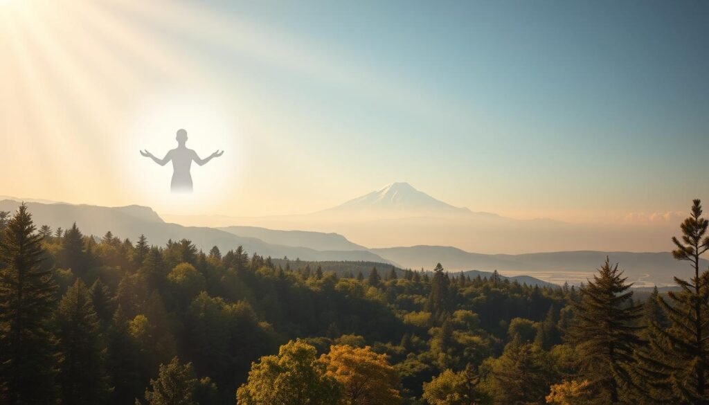 A serene, mystical scene of Reiki guides hovering over a tranquil landscape. In the foreground, three ethereal, luminous figures radiate an aura of healing energy, their hands outstretched in a gesture of guidance. The middle ground features a lush, verdant forest with rays of warm, diffused sunlight filtering through the canopy, creating a calming atmosphere. In the background, a distant, snow-capped mountain range stands tall, symbolic of the higher planes of consciousness. The overall mood is one of spiritual connection, tranquility, and the unseen forces that guide the Reiki practice.