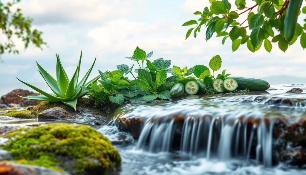 A serene, natural scene depicting the cooling of pitta heat. In the foreground, a soothing waterfall cascades over mossy rocks, its gentle flow and mist providing a calming, restorative effect. In the middle ground, lush, verdant foliage of cooling herbs and plants such as aloe vera, mint, and cucumber are arranged in a harmonious composition. The background features a tranquil, cloud-dotted sky with soft, diffused lighting, conveying a sense of balance and equilibrium. The overall mood is one of tranquility, rejuvenation, and the soothing of excess pitta heat and inflammation. A serene, natural scene depicting the cooling of pitta heat. In the foreground, a soothing waterfall cascades over mossy rocks, its gentle flow and mist providing a calming, restorative effect. In the middle ground, lush, verdant foliage of cooling herbs and plants such as aloe vera, mint, and cucumber are arranged in a harmonious composition. The background features a tranquil, cloud-dotted sky with soft, diffused lighting, conveying a sense of balance and equilibrium. The overall mood is one of tranquility, rejuvenation, and the soothing of excess pitta heat and inflammation.