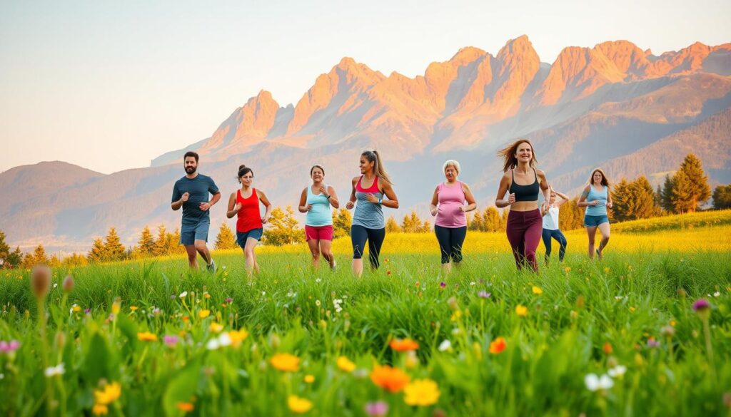 A serene, nature-inspired scene depicting the health benefits of the paleo diet. In the foreground, a lush, verdant meadow is dotted with vibrant wildflowers, conveying a sense of natural abundance. In the middle ground, a group of people of varying ages and ethnicities are engaged in various activities, such as jogging, lifting weights, and practicing yoga, all with expressions of vitality and well-being. In the background, a majestic mountain range rises, its peaks bathed in warm, golden sunlight, symbolizing the rugged, untamed essence of the paleo lifestyle. The lighting is soft and diffused, creating a tranquil, almost meditative atmosphere. The overall composition evokes a harmonious balance between the human body, nature, and the holistic principles of the paleo diet.