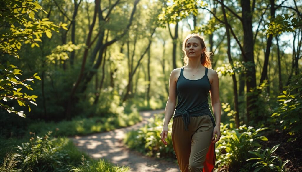 A serene nature trail winding through a lush, verdant forest. A person clad in comfortable, earthy-toned activewear walks mindfully, their gaze focused inward, each step taken with conscious intention. Dappled sunlight filters through the canopy, casting a warm, ethereal glow. The air is crisp and refreshing, the sounds of rustling leaves and distant birdsong creating a calming, meditative ambiance. The scene evokes a deep sense of tranquility and inner peace, as the walker's mind and body synchronize in a harmonious, restorative experience. A serene nature trail winding through a lush, verdant forest. A person clad in comfortable, earthy-toned activewear walks mindfully, their gaze focused inward, each step taken with conscious intention. Dappled sunlight filters through the canopy, casting a warm, ethereal glow. The air is crisp and refreshing, the sounds of rustling leaves and distant birdsong creating a calming, meditative ambiance. The scene evokes a deep sense of tranquility and inner peace, as the walker's mind and body synchronize in a harmonious, restorative experience.