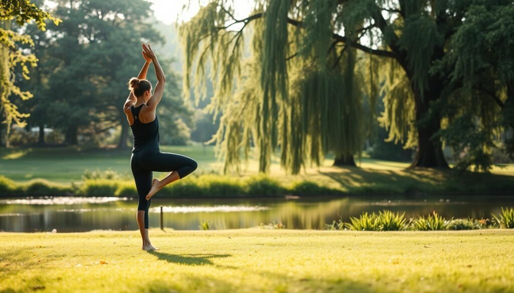 A serene outdoor scene of a person performing graceful mobility exercises in a lush, verdant park. The foreground features the individual effortlessly executing fluid movements, their body in perfect balance and alignment. The middle ground showcases a tranquil pond reflecting the surrounding foliage, while the background is dominated by towering trees that filter the soft, golden sunlight. The atmosphere exudes a sense of peaceful contemplation and holistic well-being, perfectly capturing the essence of "Mobility, Balance, Flexibility, and Endurance: The Unsung Gains."