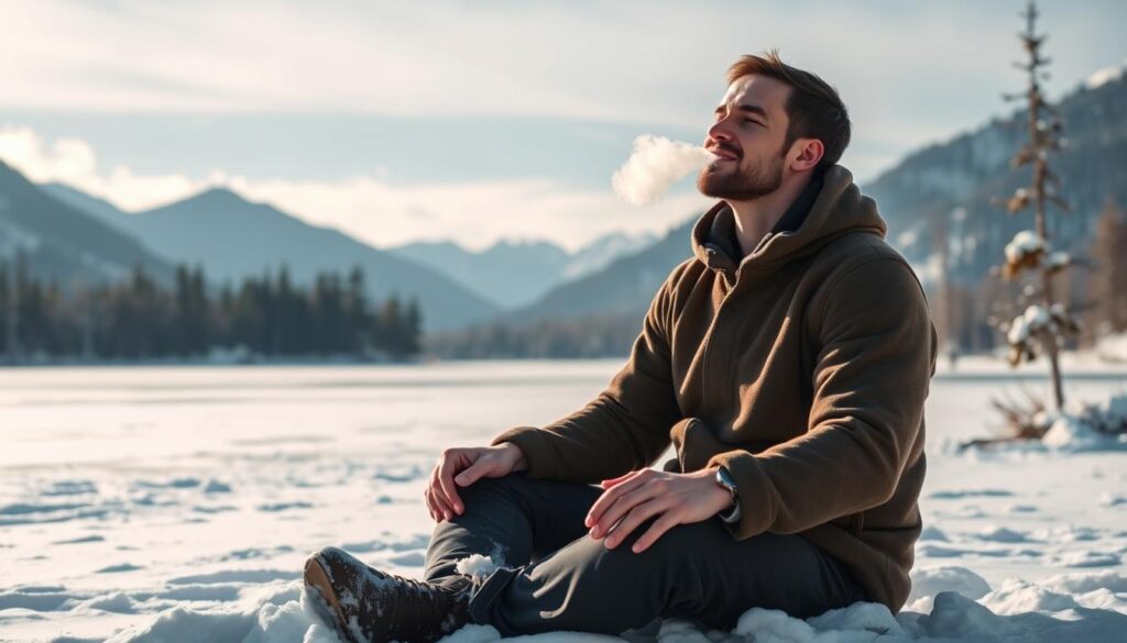 A serene outdoor scene with a man practicing the Wim Hof method, immersed in a snow-covered landscape. In the foreground, the subject is sitting cross-legged, his eyes closed, his breath visible in the cold air. In the middle ground, a frozen lake reflects the surrounding mountains and pine trees. The background is a panoramic view of a pristine winter wonderland, bathed in soft, diffused natural lighting. The overall atmosphere conveys a sense of calm, focus, and the potential benefits of cold exposure, such as improved mood, immune function, and cardiovascular health.