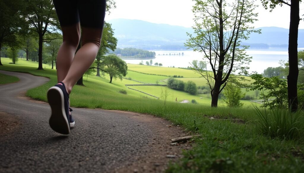 A serene outdoor scene with a person walking along a winding path, their steps creating a rhythmic pattern of motion. The foreground features the person's legs and feet in mid-stride, highlighting the bilateral nature of their movement. The middle ground showcases a lush, verdant landscape with gently rolling hills and a soft, diffused light filtering through the trees. In the background, a tranquil lake reflects the surrounding environment, creating a sense of balance and harmony. The overall atmosphere is one of calm, contemplation, and the restorative power of simple, everyday activities like walking. The image is captured with a wide-angle lens, allowing for a panoramic view that emphasizes the interconnectedness of the body, mind, and environment.