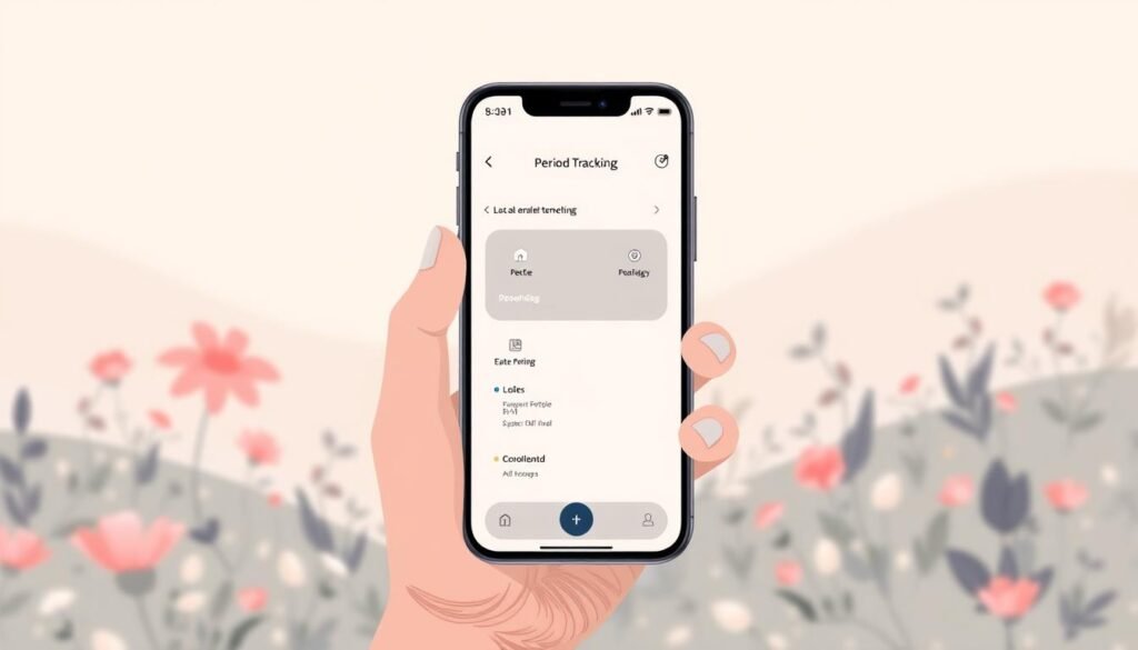 A serene, pastel-toned illustration depicting a privacy-focused period tracking app. In the foreground, a smartphone screen shows a minimalist UI with discreet icons and soothing color palette. In the middle ground, a person's hand holds the device, conveying a sense of personal, confidential use. The background features a soft, blurred landscape with natural elements like flowers and leaves, evoking a calming, nature-inspired ambiance. The overall scene communicates a secure, tranquil experience for tracking one's menstrual cycle with utmost privacy.