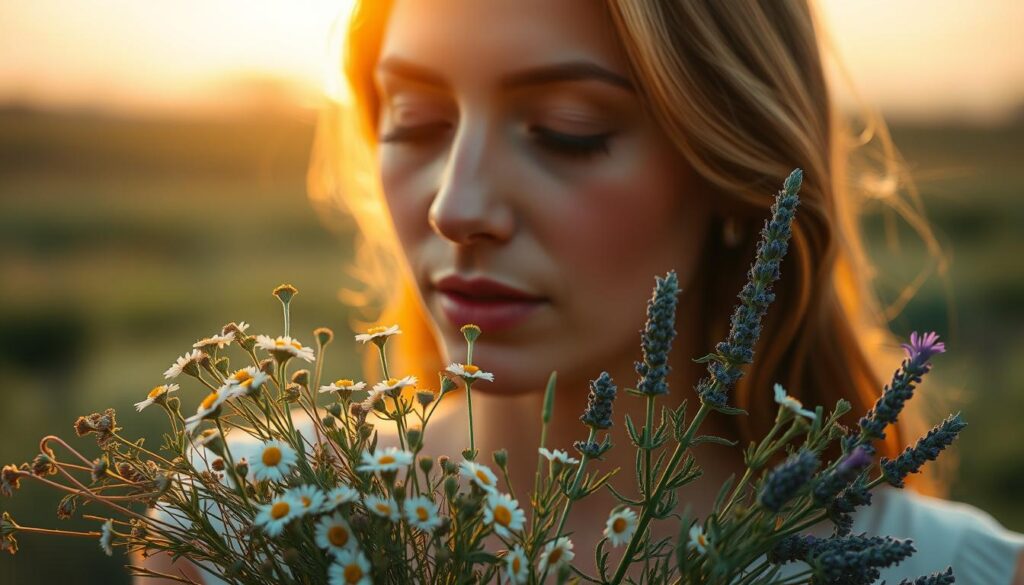 A serene portrait of the luteal phase, bathed in warm, golden light. In the foreground, a delicate floral arrangement of chamomile, rosemary, and lavender - symbolic of the hormonal shifts and emotional nuances of this pivotal stage. The middle ground features a woman's face, her eyes closed in contemplation, her expression serene and introspective. The background is a softly blurred landscape, perhaps a meadow or a garden, evoking a sense of tranquility and connection to the natural world. The overall mood is one of balance, self-awareness, and the gentle unfolding of the menstrual cycle. A serene portrait of the luteal phase, bathed in warm, golden light. In the foreground, a delicate floral arrangement of chamomile, rosemary, and lavender - symbolic of the hormonal shifts and emotional nuances of this pivotal stage. The middle ground features a woman's face, her eyes closed in contemplation, her expression serene and introspective. The background is a softly blurred landscape, perhaps a meadow or a garden, evoking a sense of tranquility and connection to the natural world. The overall mood is one of balance, self-awareness, and the gentle unfolding of the menstrual cycle.