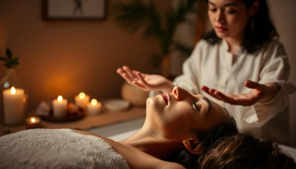A serene reiki session unfolds in a tranquil, dimly lit room. A practitioner's hands hover gracefully over the reclined figure of a person, their expression one of deep relaxation. Soft, ambient lighting casts a warm glow, creating a sense of sanctuary. Crystals, candles, and subtle plant life accent the space, evoking an aura of holistic healing. The client's face is partially obscured, allowing the viewer to focus on the practitioner's concentrated, empathetic gaze. A sense of stillness and profound connection permeates the scene, capturing the essence of a transformative reiki experience. A serene reiki session unfolds in a tranquil, dimly lit room. A practitioner's hands hover gracefully over the reclined figure of a person, their expression one of deep relaxation. Soft, ambient lighting casts a warm glow, creating a sense of sanctuary. Crystals, candles, and subtle plant life accent the space, evoking an aura of holistic healing. The client's face is partially obscured, allowing the viewer to focus on the practitioner's concentrated, empathetic gaze. A sense of stillness and profound connection permeates the scene, capturing the essence of a transformative reiki experience.