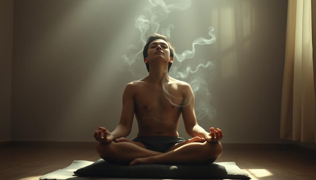 A serene scene of a person deeply immersed in holotropic breathwork, their eyes closed, facial features relaxed, as they sit cross-legged on a cushion in a softly lit room. The space is filled with a sense of tranquility and introspection, with muted colors and hazy lighting evoking a meditative atmosphere. Wispy tendrils of breath swirl around the individual, suggesting the transformative energies unleashed through this powerful breathing technique. The image captures the essence of holotropic breathwork as a gateway to expanded states of consciousness, emerging from the pioneering work of Stanislav Grof and the evolution of modern breathwork practices. A serene scene of a person deeply immersed in holotropic breathwork, their eyes closed, facial features relaxed, as they sit cross-legged on a cushion in a softly lit room. The space is filled with a sense of tranquility and introspection, with muted colors and hazy lighting evoking a meditative atmosphere. Wispy tendrils of breath swirl around the individual, suggesting the transformative energies unleashed through this powerful breathing technique. The image captures the essence of holotropic breathwork as a gateway to expanded states of consciousness, emerging from the pioneering work of Stanislav Grof and the evolution of modern breathwork practices.