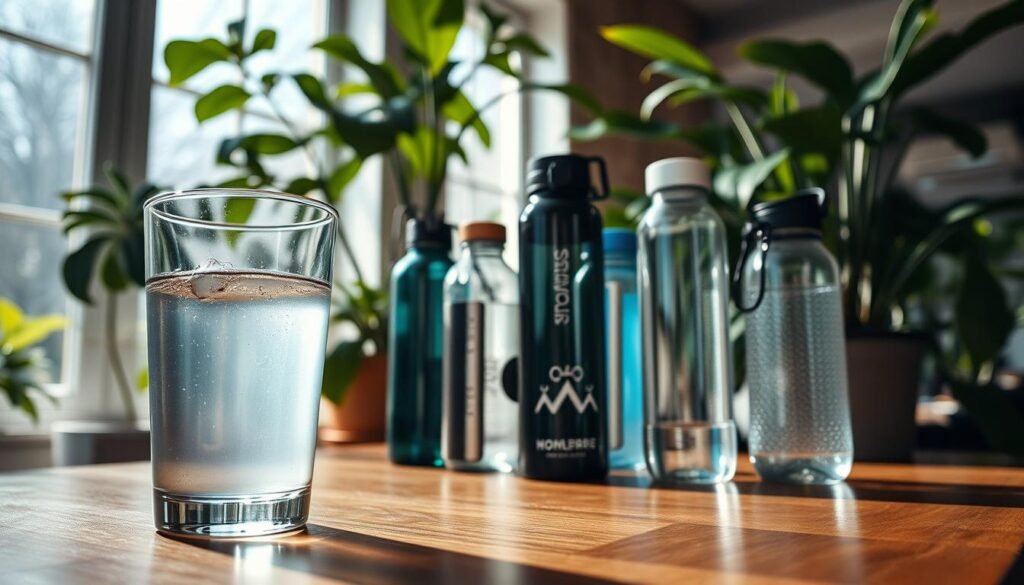 A serene scene of hydration throughout the day, captured with a cinematic wide-angle lens. In the foreground, a glass of cool, clear water sweats gently, casting a soft reflection on the wooden table. Midground, a variety of reusable water bottles, each with their own unique design, stand ready to quench thirst at any moment. In the background, lush indoor plants sway gently, their verdant leaves a testament to the life-giving power of H2O. The lighting is soft and natural, filtering in through large windows and casting a warm, soothing glow over the scene. The overall mood is one of balance, sustainability, and a mindful approach to maintaining optimal hydration levels. A serene scene of hydration throughout the day, captured with a cinematic wide-angle lens. In the foreground, a glass of cool, clear water sweats gently, casting a soft reflection on the wooden table. Midground, a variety of reusable water bottles, each with their own unique design, stand ready to quench thirst at any moment. In the background, lush indoor plants sway gently, their verdant leaves a testament to the life-giving power of H2O. The lighting is soft and natural, filtering in through large windows and casting a warm, soothing glow over the scene. The overall mood is one of balance, sustainability, and a mindful approach to maintaining optimal hydration levels.