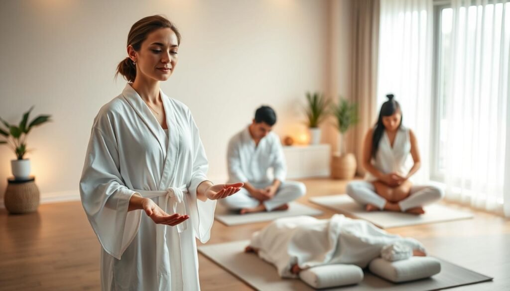 A serene scene of three reiki practitioners in a tranquil studio, bathed in soft, warm lighting. In the foreground, a woman in a flowing white robe, her palms gently extended, emanating a sense of calm and focused energy. In the middle ground, two other practitioners, one male and one female, sitting cross-legged on the floor, their hands placed intentionally on their clients' bodies. The background features a minimalist decor, with a few potted plants and a large window letting in natural light, creating a peaceful, zen-like atmosphere. The overall impression is one of professionalism, expertise, and a commitment to holistic wellbeing.
