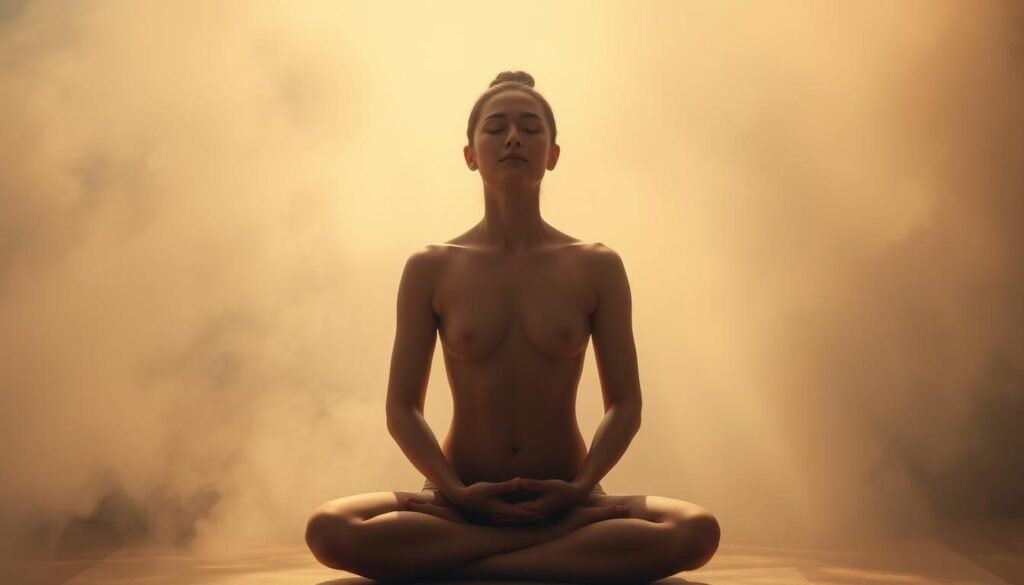 A serene, softly lit scene of a person in a meditative pose, their eyes closed and their hands resting gently on their lap. The figure is surrounded by a hazy, atmospheric background with muted tones, creating a sense of calm and introspection. The lighting is warm and natural, casting a gentle glow on the subject's face and body. The focus is on the breath, body, and attention, with the figure's posture and expression conveying a sense of mindfulness and connection. The overall mood is one of tranquility and inner peace, inviting the viewer to pause and reflect. A serene, softly lit scene of a person in a meditative pose, their eyes closed and their hands resting gently on their lap. The figure is surrounded by a hazy, atmospheric background with muted tones, creating a sense of calm and introspection. The lighting is warm and natural, casting a gentle glow on the subject's face and body. The focus is on the breath, body, and attention, with the figure's posture and expression conveying a sense of mindfulness and connection. The overall mood is one of tranquility and inner peace, inviting the viewer to pause and reflect.