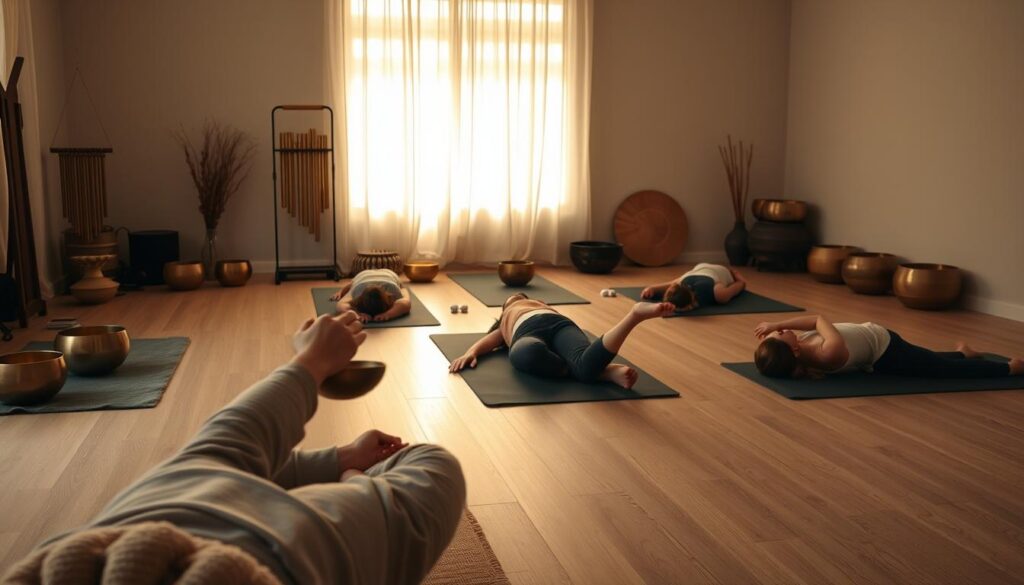 A serene, softly-lit studio space with individuals reclining on plush yoga mats, surrounded by an array of singing bowls, chimes, and other sound healing instruments. Gentle lighting filters in through sheer curtains, creating a warm, meditative ambiance. In the foreground, a person carefully strikes a singing bowl, the vibrations resonating throughout the space. In the middle ground, others lie peacefully, their eyes closed, as they immerse themselves in the soothing sonic frequencies. The background features muted, earthy tones and minimal decor, allowing the focus to remain on the sound bath experience. A serene, softly-lit studio space with individuals reclining on plush yoga mats, surrounded by an array of singing bowls, chimes, and other sound healing instruments. Gentle lighting filters in through sheer curtains, creating a warm, meditative ambiance. In the foreground, a person carefully strikes a singing bowl, the vibrations resonating throughout the space. In the middle ground, others lie peacefully, their eyes closed, as they immerse themselves in the soothing sonic frequencies. The background features muted, earthy tones and minimal decor, allowing the focus to remain on the sound bath experience.