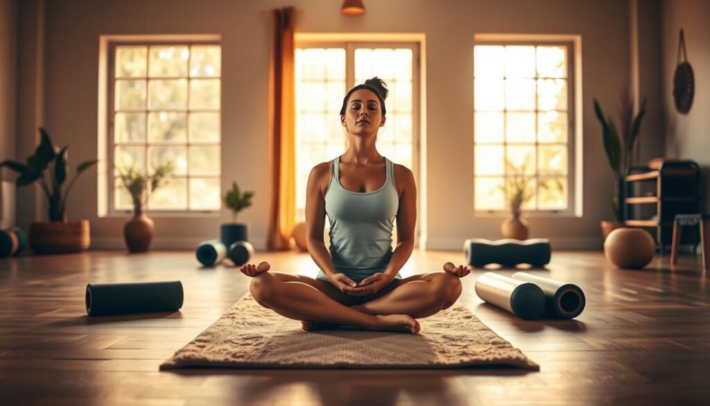 A serene studio setting, illuminated by warm, natural lighting pouring in through large windows. In the foreground, a person sits cross-legged on a plush yoga mat, their eyes closed in concentration as they practice a meditative somatic technique, their body in a state of calm and focus. In the middle ground, various self-care tools are arranged neatly - foam rollers, massage balls, and other props used for somatic exploration. The background features minimalist decor, with plants and earth-toned accents, creating a soothing, holistic atmosphere conducive to personal growth and well-being.