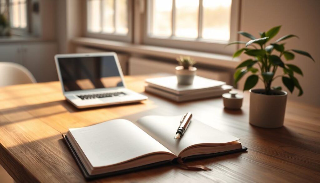 A serene study space with a minimalist wooden desk, a laptop, and a small potted plant. Soft natural lighting filters through large windows, casting a warm glow. In the foreground, a leather-bound journal lies open, a fountain pen poised over crisp white pages. The atmosphere is one of focused contemplation, the environment designed to foster mindfulness and clarity of thought. The overall mood is one of simplicity, tranquility, and intentional living - a sanctuary for cultivating focus and well-being on a modest budget. A serene study space with a minimalist wooden desk, a laptop, and a small potted plant. Soft natural lighting filters through large windows, casting a warm glow. In the foreground, a leather-bound journal lies open, a fountain pen poised over crisp white pages. The atmosphere is one of focused contemplation, the environment designed to foster mindfulness and clarity of thought. The overall mood is one of simplicity, tranquility, and intentional living - a sanctuary for cultivating focus and well-being on a modest budget.