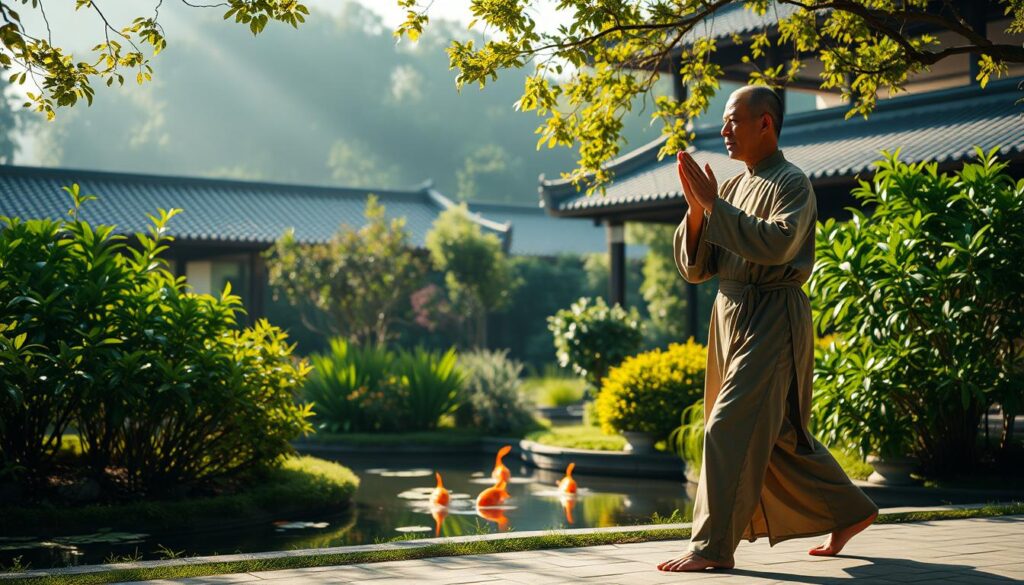 A serene, sun-dappled garden setting with a practitioner performing gentle Qigong movements in the foreground. The figure, dressed in loose, flowing robes, moves with graceful, deliberate motions, their face tranquil and focused. The middle ground features lush, verdant foliage and a tranquil koi pond, while the background showcases a traditional Asian-inspired architecture with sloping roofs. Soft, warm lighting emanates from an unseen source, casting a peaceful, contemplative atmosphere. The overall scene conveys a sense of harmony, balance, and the cultivation of life-force energy through the ancient practice of Qigong. A serene, sun-dappled garden setting with a practitioner performing gentle Qigong movements in the foreground. The figure, dressed in loose, flowing robes, moves with graceful, deliberate motions, their face tranquil and focused. The middle ground features lush, verdant foliage and a tranquil koi pond, while the background showcases a traditional Asian-inspired architecture with sloping roofs. Soft, warm lighting emanates from an unseen source, casting a peaceful, contemplative atmosphere. The overall scene conveys a sense of harmony, balance, and the cultivation of life-force energy through the ancient practice of Qigong.