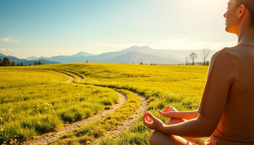 A serene, sun-dappled meadow, with a winding path leading towards the horizon. In the foreground, a person in a meditative pose, their hands resting gently on their lap, eyes closed in deep concentration. The middle ground features a vibrant, lush green field, with delicate wildflowers dotting the landscape. In the background, a majestic mountain range, its peaks capped with snow, reflecting the warm, golden hues of the setting sun. The scene is imbued with a sense of calm and tranquility, conveying the restorative power of mindful walking and its positive impact on cardiovascular health. A serene, sun-dappled meadow, with a winding path leading towards the horizon. In the foreground, a person in a meditative pose, their hands resting gently on their lap, eyes closed in deep concentration. The middle ground features a vibrant, lush green field, with delicate wildflowers dotting the landscape. In the background, a majestic mountain range, its peaks capped with snow, reflecting the warm, golden hues of the setting sun. The scene is imbued with a sense of calm and tranquility, conveying the restorative power of mindful walking and its positive impact on cardiovascular health.