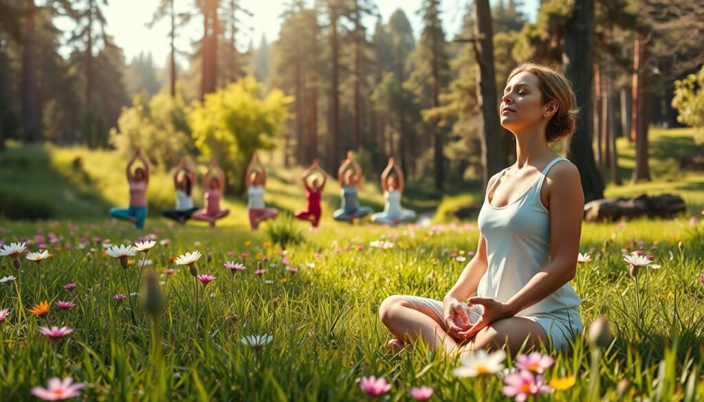 A serene, sun-dappled meadow with lush, verdant grass and vibrant wildflowers in bloom. In the foreground, a woman sits cross-legged, eyes closed, hands resting on her knees, as she synchronizes her breathing with the rhythmic pulsing of her menstrual cycle. The middle ground features a diverse array of female figures, each in a different yoga pose, their movements harmonizing with the ebb and flow of their hormonal cycles. In the background, a tranquil forest with towering trees and a gently flowing stream, creating a sense of natural harmony and balance. The lighting is soft and warm, with a golden glow that bathes the scene in an aura of serenity and inner reflection. A serene, sun-dappled meadow with lush, verdant grass and vibrant wildflowers in bloom. In the foreground, a woman sits cross-legged, eyes closed, hands resting on her knees, as she synchronizes her breathing with the rhythmic pulsing of her menstrual cycle. The middle ground features a diverse array of female figures, each in a different yoga pose, their movements harmonizing with the ebb and flow of their hormonal cycles. In the background, a tranquil forest with towering trees and a gently flowing stream, creating a sense of natural harmony and balance. The lighting is soft and warm, with a golden glow that bathes the scene in an aura of serenity and inner reflection.