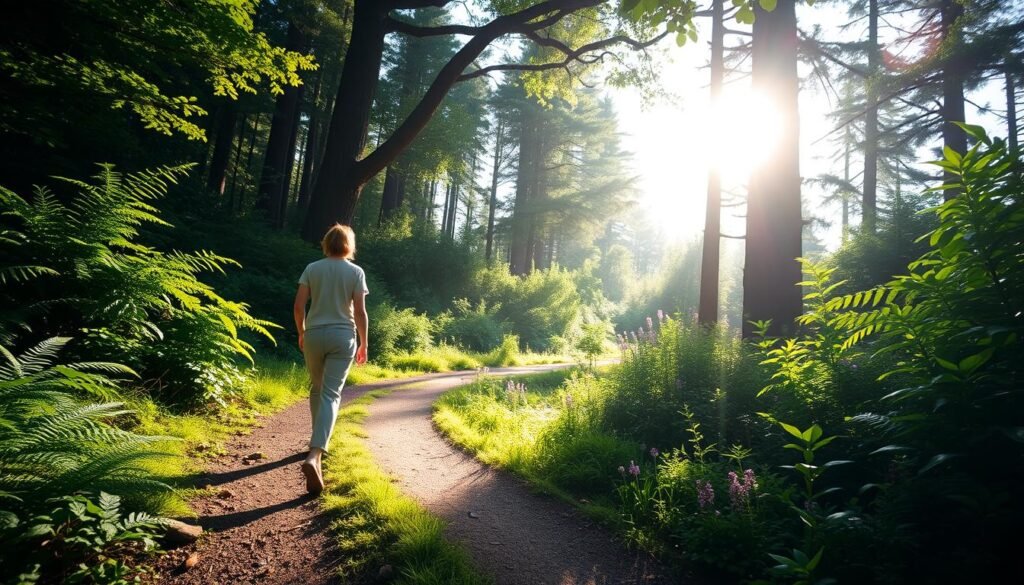 A serene, sunlit forest path winding through lush greenery. In the foreground, a person strolls mindfully, their steps measured and deliberate. The middle ground showcases vibrant flora - ferns, wildflowers, and verdant foliage. Soft, dappled light filters through the canopy above, creating a calming, introspective atmosphere. The background features towering trees, their branches reaching skyward. A sense of tranquility and inner focus permeates the scene, inviting the viewer to experience the restorative benefits of walking meditation. A serene, sunlit forest path winding through lush greenery. In the foreground, a person strolls mindfully, their steps measured and deliberate. The middle ground showcases vibrant flora - ferns, wildflowers, and verdant foliage. Soft, dappled light filters through the canopy above, creating a calming, introspective atmosphere. The background features towering trees, their branches reaching skyward. A sense of tranquility and inner focus permeates the scene, inviting the viewer to experience the restorative benefits of walking meditation.