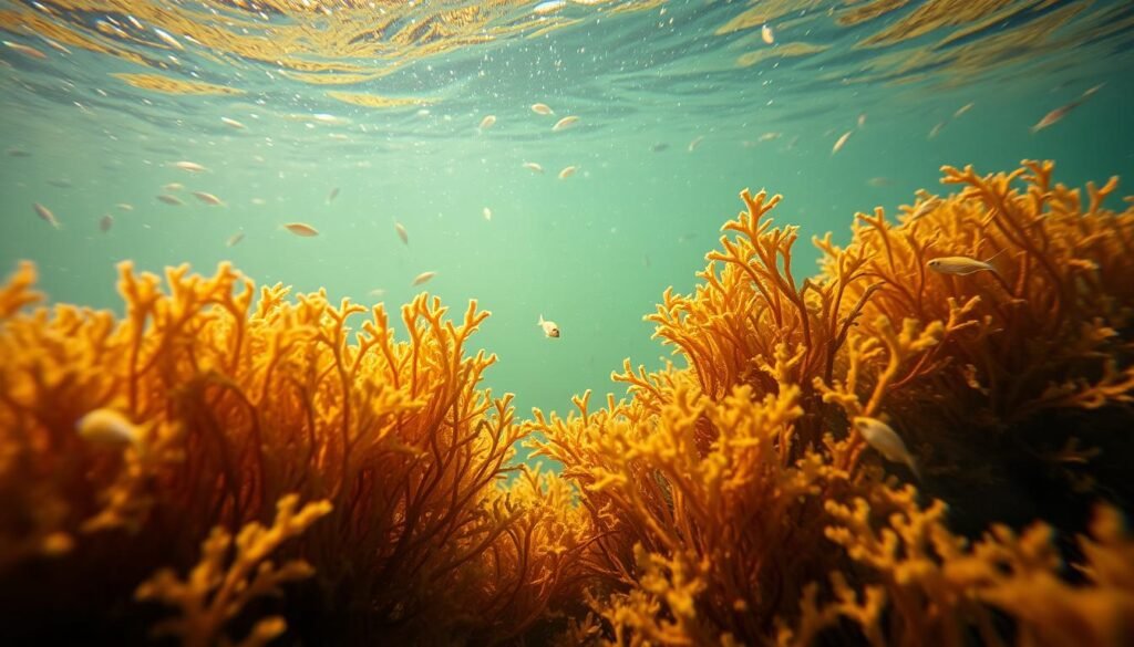 A serene underwater scene depicting a close-up view of vibrant sea moss, its delicate fronds swaying gently in the current. The moss is surrounded by schools of small, colorful fish darting through the water. Warm, diffused lighting filters through the surface, creating a calming, ethereal atmosphere. The composition focuses on the sea moss, subtly conveying its natural beauty and inherent qualities, without any distracting elements. The image aims to inspire a sense of caution and reverence towards this powerful natural resource. A serene underwater scene depicting a close-up view of vibrant sea moss, its delicate fronds swaying gently in the current. The moss is surrounded by schools of small, colorful fish darting through the water. Warm, diffused lighting filters through the surface, creating a calming, ethereal atmosphere. The composition focuses on the sea moss, subtly conveying its natural beauty and inherent qualities, without any distracting elements. The image aims to inspire a sense of caution and reverence towards this powerful natural resource.