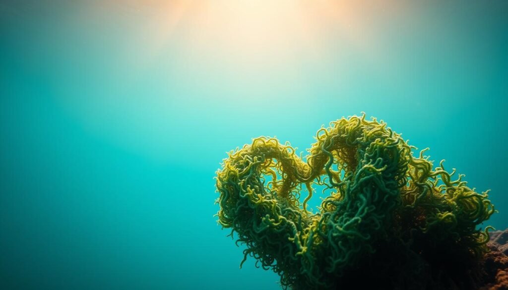 A serene underwater scene, with a vibrant heart-shaped sea moss formation taking center stage. The heart is rendered with intricate, textured tendrils in shades of deep green and vibrant turquoise, evocative of nature's pulsing rhythm. The background features a soft, hazy blue-green gradient, evoking the calming depths of the ocean. Warm, diffused lighting from above casts a gentle glow, highlighting the heart's organic beauty. The composition is balanced, with the heart positioned slightly off-center, creating a sense of tranquil dynamism. The overall mood is one of health, vitality, and the interconnectedness of the natural world. A serene underwater scene, with a vibrant heart-shaped sea moss formation taking center stage. The heart is rendered with intricate, textured tendrils in shades of deep green and vibrant turquoise, evocative of nature's pulsing rhythm. The background features a soft, hazy blue-green gradient, evoking the calming depths of the ocean. Warm, diffused lighting from above casts a gentle glow, highlighting the heart's organic beauty. The composition is balanced, with the heart positioned slightly off-center, creating a sense of tranquil dynamism. The overall mood is one of health, vitality, and the interconnectedness of the natural world.
