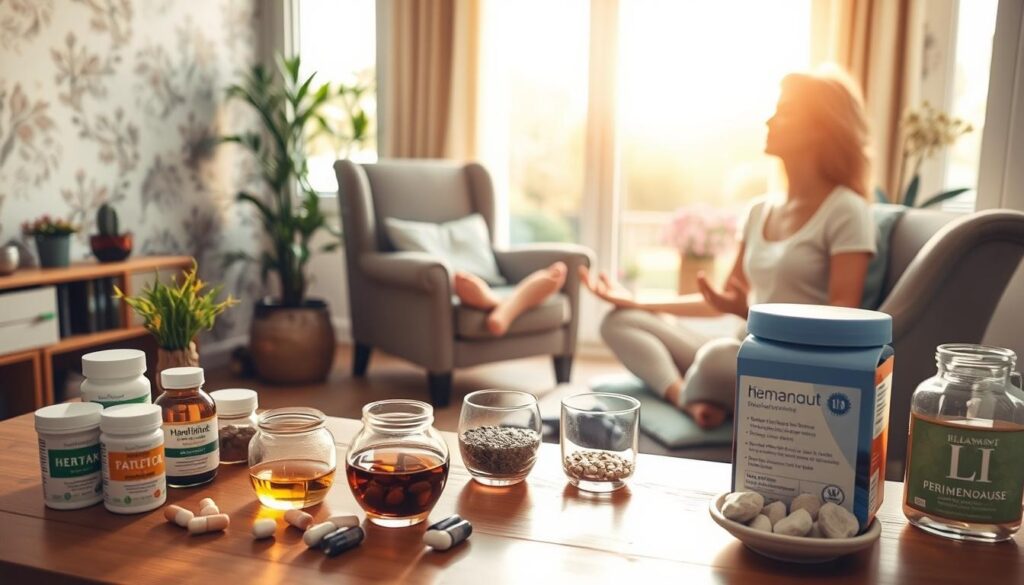 A serene, warm-lit scene depicting various treatments and remedies for perimenopause. In the foreground, an array of natural supplements, herbal teas, and relaxation aids sit on a wooden table. In the middle ground, a woman sits comfortably on a plush armchair, a meditation cushion at her feet, eyes closed in peaceful introspection. The background features soft, pastel-hued wallpaper and a large window overlooking a tranquil garden, bathed in golden afternoon light. The overall atmosphere conveys a sense of balance, self-care, and holistic well-being.