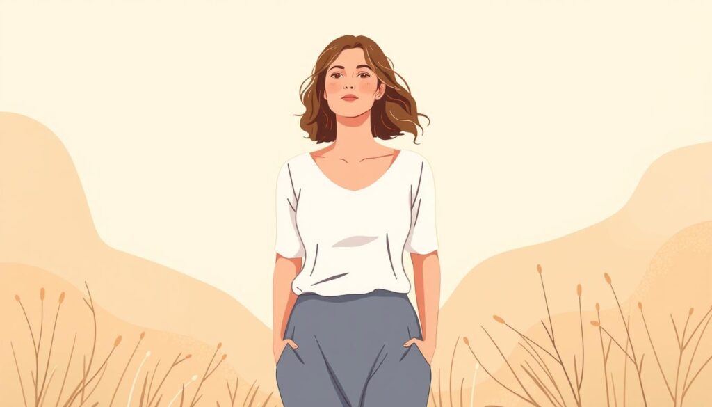 A serene, warm-toned illustration showcasing the key aspects of perimenopause: a woman in her 30s or 40s, standing in a sunlit, natural setting, surrounded by soft, organic shapes and textures that symbolize the transitional nature of this life stage. The focal point is the woman, depicted with a calm, contemplative expression, her body language conveying a sense of acceptance and self-awareness. The background features gentle, muted colors, hinting at the hormonal shifts and physical changes associated with perimenopause, while the overall composition exudes a sense of balance and gentle wisdom. The style is clean, minimalist, and evocative, inviting the viewer to reflect on the normalcy and importance of this phase of a woman's life. A serene, warm-toned illustration showcasing the key aspects of perimenopause: a woman in her 30s or 40s, standing in a sunlit, natural setting, surrounded by soft, organic shapes and textures that symbolize the transitional nature of this life stage. The focal point is the woman, depicted with a calm, contemplative expression, her body language conveying a sense of acceptance and self-awareness. The background features gentle, muted colors, hinting at the hormonal shifts and physical changes associated with perimenopause, while the overall composition exudes a sense of balance and gentle wisdom. The style is clean, minimalist, and evocative, inviting the viewer to reflect on the normalcy and importance of this phase of a woman's life.