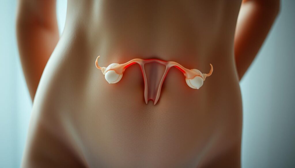 A serene, well-lit close-up of a woman's lower abdomen, showcasing the intricate, delicate structures of the follicular phase. The soft, diffused lighting illuminates the skin, allowing the viewer to appreciate the subtle textures and nuances of this important phase of the menstrual cycle. The composition is balanced, with the focus firmly on the central area, creating a sense of intimacy and understanding. The atmosphere is calm and educational, inviting the viewer to learn more about the inner workings of the female body. Detailed, anatomically accurate rendering of the ovaries, fallopian tubes, and uterus, with a sense of wonder and respect for the complexity of the human form. A serene, well-lit close-up of a woman's lower abdomen, showcasing the intricate, delicate structures of the follicular phase. The soft, diffused lighting illuminates the skin, allowing the viewer to appreciate the subtle textures and nuances of this important phase of the menstrual cycle. The composition is balanced, with the focus firmly on the central area, creating a sense of intimacy and understanding. The atmosphere is calm and educational, inviting the viewer to learn more about the inner workings of the female body. Detailed, anatomically accurate rendering of the ovaries, fallopian tubes, and uterus, with a sense of wonder and respect for the complexity of the human form.