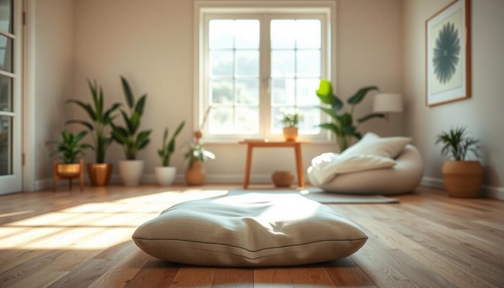 A serene, well-lit home environment with natural textures and soft lighting. In the foreground, a cozy meditation cushion or yoga mat rests on a wooden floor, inviting relaxation. The middle ground features potted plants, a simple side table, and a large window letting in soft, diffused sunlight. The background showcases a neutral-toned wall with minimalist artwork, creating a calming, distraction-free atmosphere. The overall mood is one of tranquility, balance, and a sense of being grounded in the present moment. A serene, well-lit home environment with natural textures and soft lighting. In the foreground, a cozy meditation cushion or yoga mat rests on a wooden floor, inviting relaxation. The middle ground features potted plants, a simple side table, and a large window letting in soft, diffused sunlight. The background showcases a neutral-toned wall with minimalist artwork, creating a calming, distraction-free atmosphere. The overall mood is one of tranquility, balance, and a sense of being grounded in the present moment.