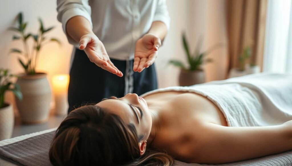 A serene, well-lit scene depicting a reiki therapy session in progress. In the foreground, a practitioner's hands hover gently over a patient lying on a massage table, exuding a calming, focused energy. The patient's expression is one of deep relaxation, eyes closed, face peaceful. The background features soothing natural elements like potted plants, soft lighting, and muted colors to create a tranquil, spa-like atmosphere. The overall mood conveys the safety and therapeutic nature of reiki as a complementary wellness practice. A serene, well-lit scene depicting a reiki therapy session in progress. In the foreground, a practitioner's hands hover gently over a patient lying on a massage table, exuding a calming, focused energy. The patient's expression is one of deep relaxation, eyes closed, face peaceful. The background features soothing natural elements like potted plants, soft lighting, and muted colors to create a tranquil, spa-like atmosphere. The overall mood conveys the safety and therapeutic nature of reiki as a complementary wellness practice.