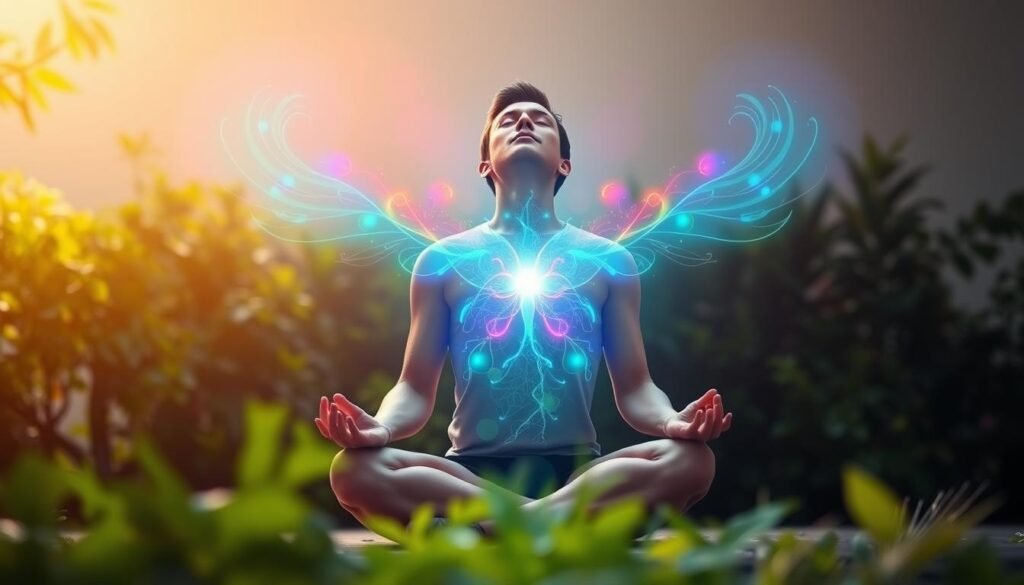 A serene, well-lit scene depicting the power of conscious breathing. In the foreground, a person sits cross-legged, their eyes closed in deep focus, their chest gently rising and falling. Surrounding them, a glowing aura of vibrant, colorful energy pulses in sync with their breath, visualizing the positive effects on their blood chemistry and mood. In the middle ground, lush, verdant foliage sways softly, creating a calming, natural backdrop. The overall atmosphere is one of tranquility, balance, and the profound connection between the mind, body, and breath.