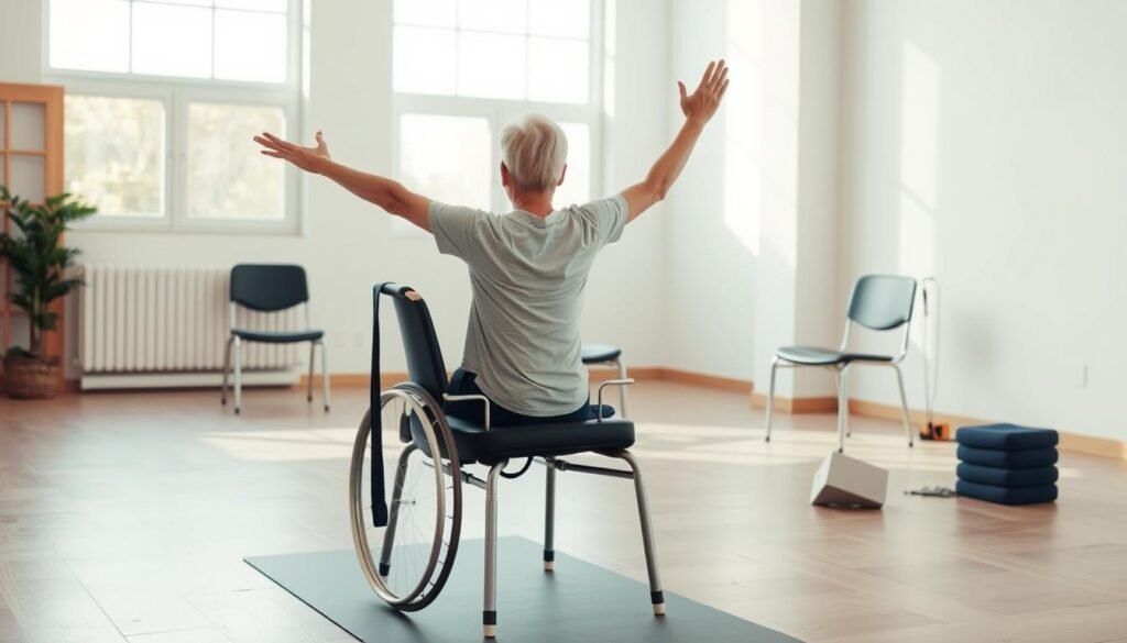 A serene, well-lit studio setting showcasing a person in a comfortable chair position, practicing gentle chair yoga poses. The foreground features the main subject, a person with physical accessibility needs, demonstrating a modified tree pose or seated twist. The middle ground includes additional chairs and props like straps or blocks, highlighting the inclusive and adaptable nature of the practice. The background has soft, natural lighting filtering through large windows, creating a calming, meditative atmosphere. The overall scene conveys the accessibility and versatility of chair yoga, making it an approachable complement to walking meditation. A serene, well-lit studio setting showcasing a person in a comfortable chair position, practicing gentle chair yoga poses. The foreground features the main subject, a person with physical accessibility needs, demonstrating a modified tree pose or seated twist. The middle ground includes additional chairs and props like straps or blocks, highlighting the inclusive and adaptable nature of the practice. The background has soft, natural lighting filtering through large windows, creating a calming, meditative atmosphere. The overall scene conveys the accessibility and versatility of chair yoga, making it an approachable complement to walking meditation.